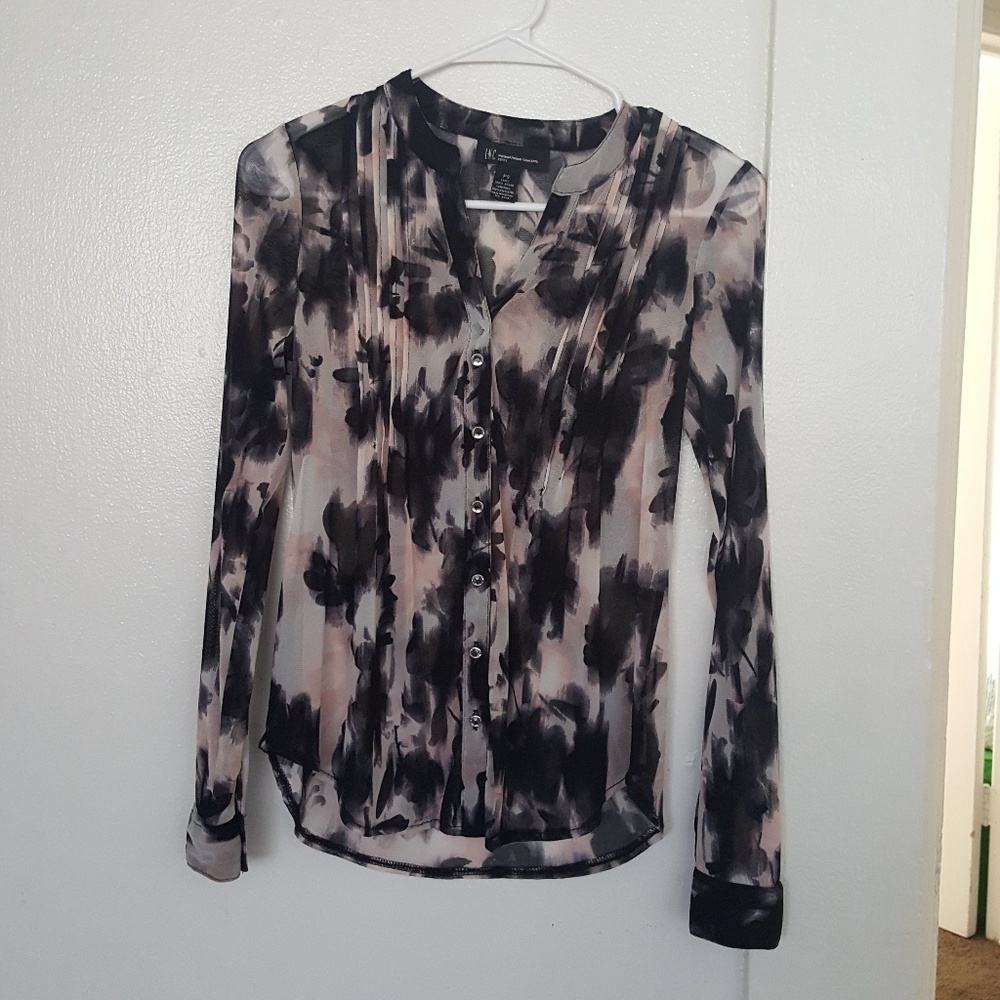 INC Size S Black and Rose Floral Sheer Shirt